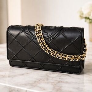 Authentic Tory Burch Fleming Soft Crossbody Black Quilted Leather Bag w Dust Bag